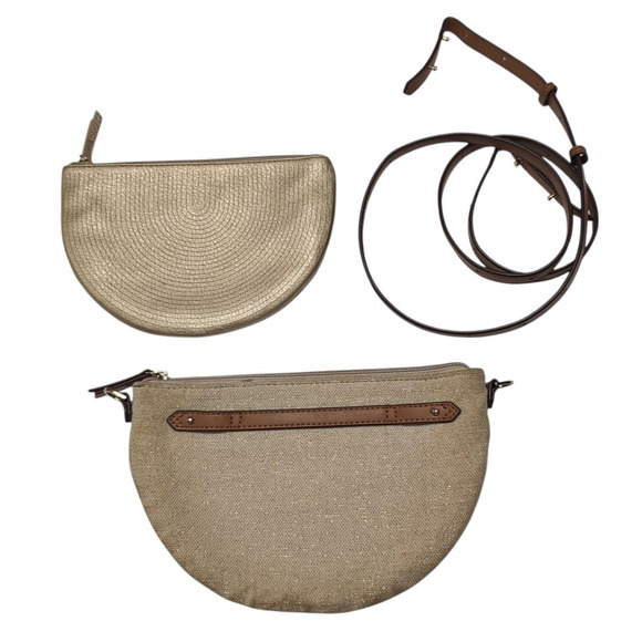 Stella & Dot Sidekick Convertible Crossbody / Belt Bag Gold Faux Leather/Fabric - Picture 4 of 15